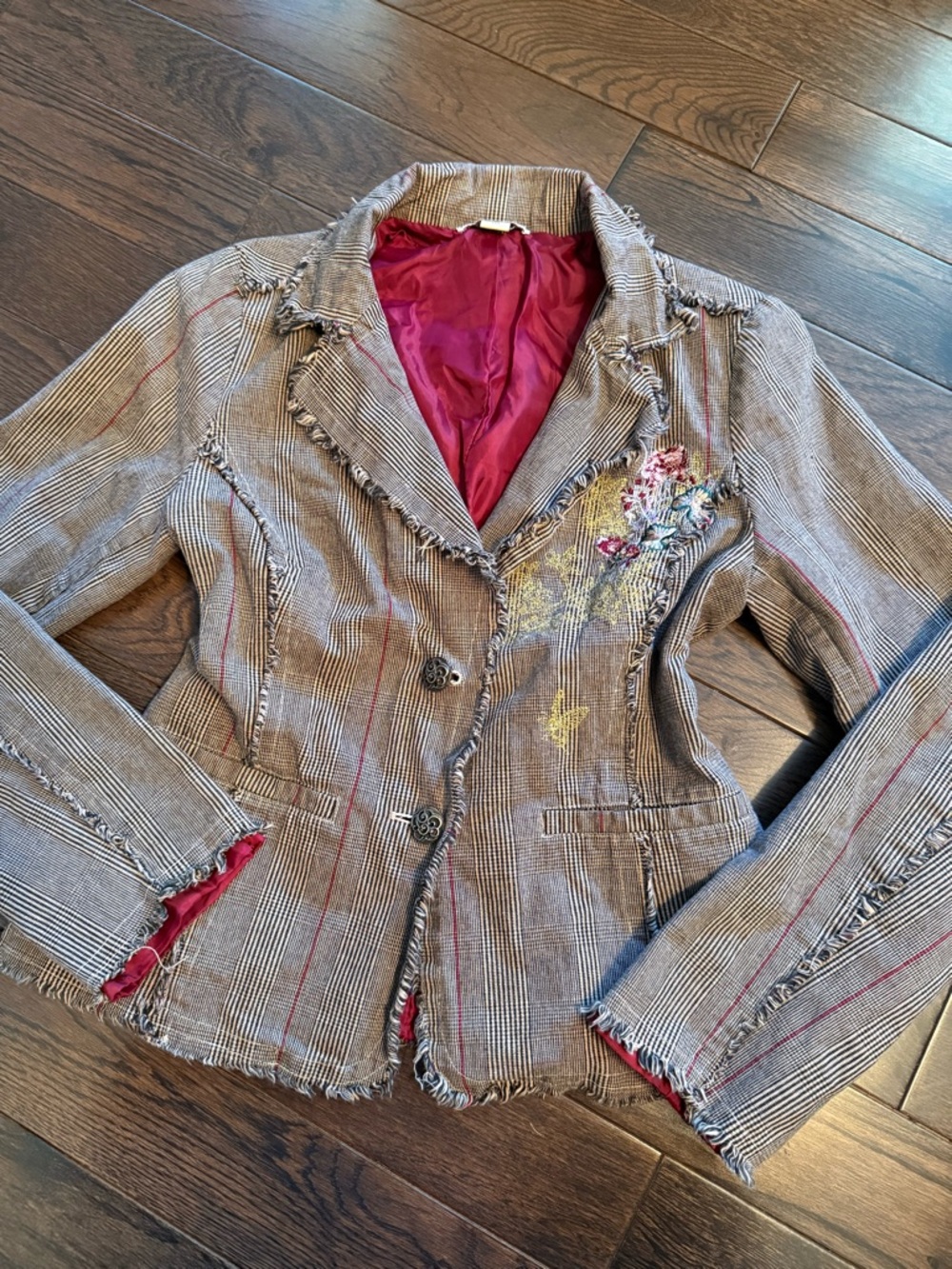 Vintage Y2K Brown Pinstripe Blazer with Floral Embroidery